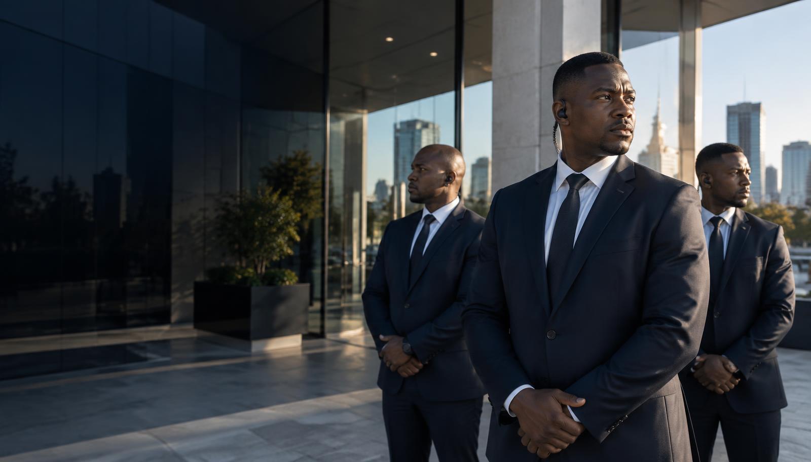 Professional executive protection team outside a corporate building